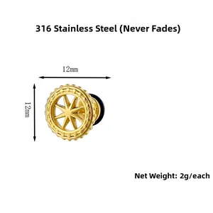 Detail of 12mm 316L stainless steel starburst stud earring with gold finish and 2g weight