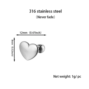 Detaillierte Größenangaben von 12mm x 8mm herzförmigen Ohrsteckern aus 316L Edelstahl