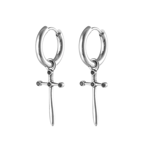 Boucles d'oreilles créoles punk en acier inoxydable avec pendentifs épée et zircon noir