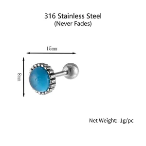 316L stainless steel stud earring with 8mm round blue turquoise stone inlay