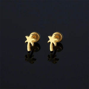 Retro Gold Stainless Steel Coconut Tree Stud Earrings For Women Men Summer Tropical Palm Vacation Fashion Jewelry