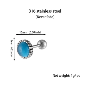 Macro detail of 316 stainless steel cartilage stud with 8mm blue turquoise gemstone