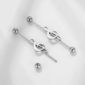 Musical note industrial barbell earring in stainless steel with treble clef design