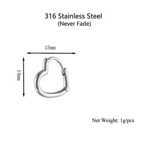 Créoles en forme de cœur en acier inoxydable 316L argenté, taille 15mm x 14mm