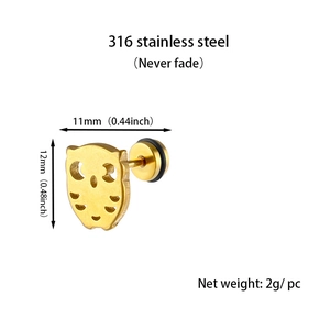 Macro detail of 316L stainless steel owl stud earrings with 11mm by 12mm size markers