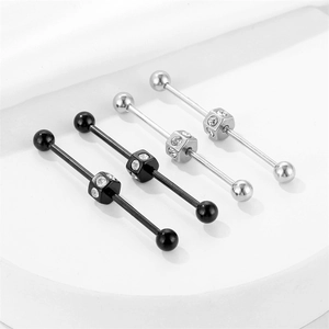 Set de piercings industriel barbell avec perles hexagonales en zircon noir et argent