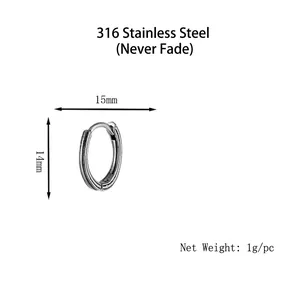 Minimalist silver 316L stainless steel hoop earring with 15mm outer diameter for men