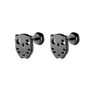 Detail of matte black owl stud earrings with hollow design and secure screw back closure