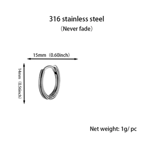 Technical drawing of 15mm silver stainless steel hoop earring with precise measurements