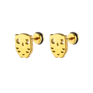 Macro shot of owl-shaped golden stud earrings featuring screw-back barbell closures
