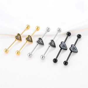 Set of 6 stainless steel industrial barbells with heart and cross motif in 3 colors