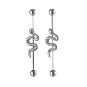 Gothic stainless steel industrial barbell featuring detailed coiled snake design