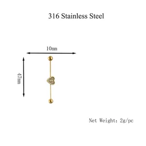 Golden 316L stainless steel industrial barbell with heart cross design, 47mm length