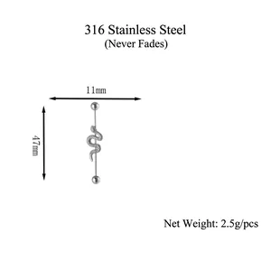 Polished 316 stainless steel 47mm industrial barbell earring with a snake decoration