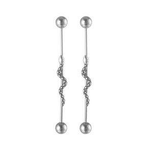 Industrial barbell earrings featuring a coiled snake design in polished silver stainless steel