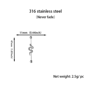 Detailed specs of silver 316L stainless steel industrial barbell with snake design