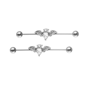 Surgical steel industrial barbell earrings with bat design and clear cubic zirconia studs