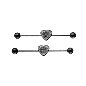 Black industrial barbell piercings with heart cross design in stainless steel
