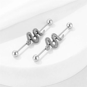Industrial barbell earrings featuring a 3D coiled snake design in stainless steel