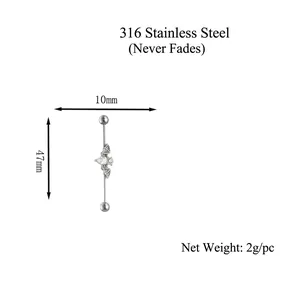Silver 316 stainless steel industrial barbell with crystal bat motif for cartilage piercing