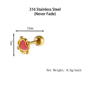 Boucles d'oreilles cœur dorées en acier inoxydable 316 avec émail rouge