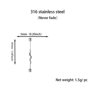Detailed view of 316L stainless steel industrial barbell with snake design and dimensions