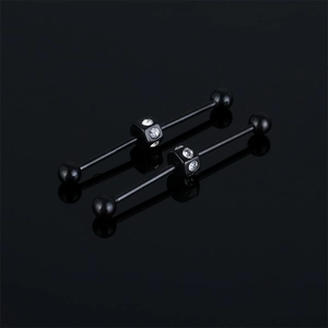 Piercing industriel en acier inoxydable noir avec charms carrés sertis de cristaux