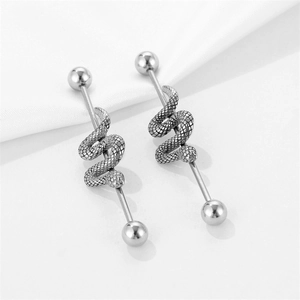 Industrial barbell earring featuring a detailed coiled snake design in stainless steel