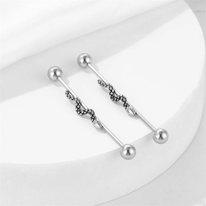 Silver snake-shaped stainless steel industrial barbell piercing for a punk style