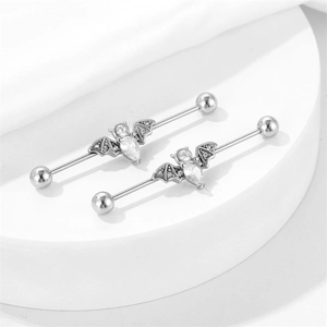 Silver stainless steel industrial barbells with gothic rhinestone bat design in pair