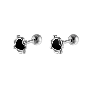 Boucles d'oreilles cœur en acier inoxydable avec émail noir et fermoir à vis pour femme