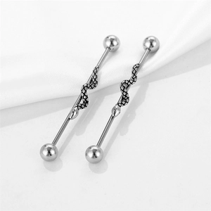 Pair of stainless steel snake industrial barbells with detailed serpent scales decoration