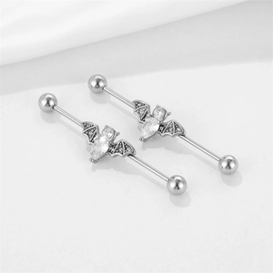 Gothic industrial barbell earrings with silver bat design and sparkling zircons