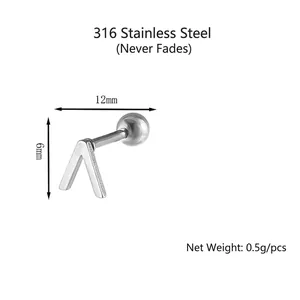 Polished 316 stainless steel V-shaped stud earrings for men and women in silver finish