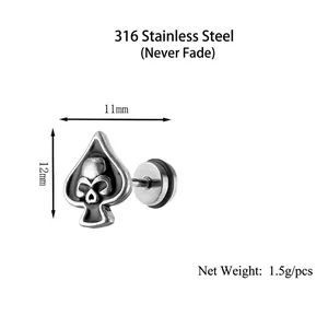 Boucle d'oreille tête de mort pique en acier 316 avec dimensions 12mm x 11mm