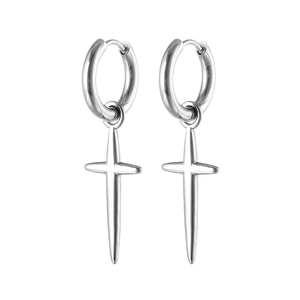 Boucles d'oreilles croix en acier inoxydable poli avec anneaux circulaires argentés