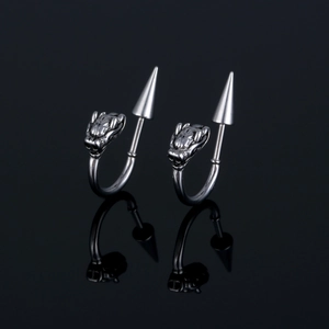 Punk style dragon ear cuff in silver titanium steel with sharp spike and gothic design