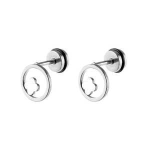 Detailed macro view of minimalist silver stainless steel clover stud earrings on white background