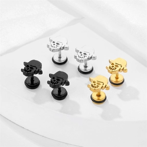 Three pairs of stainless steel skull earrings with top hats in black, gold, and silver finishes