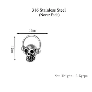 Punk style skull head earring in 316 stainless steel with vintage silver finish for men