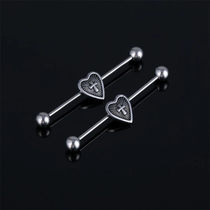 Gothic industrial barbell earrings with vintage steel heart and cross design