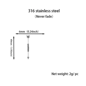 Detailed size specifications for a 49mm silver-tone arrow industrial barbell earring