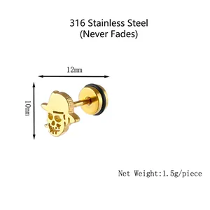 Gothic 316 stainless steel skull stud earring with gold finish for men and women