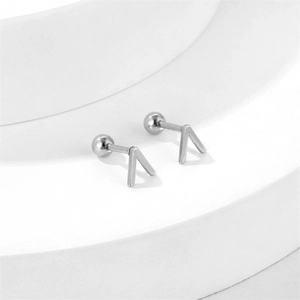 Minimalist V-shaped stainless steel screw back stud earrings with a brushed silver finish