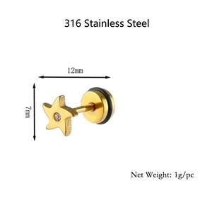 Clou d'oreille étoile en acier inoxydable doré avec diamant et dimensions 12x7mm