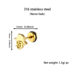 Detail of 316 stainless steel gold cowboy skull stud earring with 12x10mm dimensions