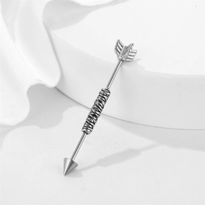 Minimalist vintage silver arrow industrial barbell earring with engraved metal texture