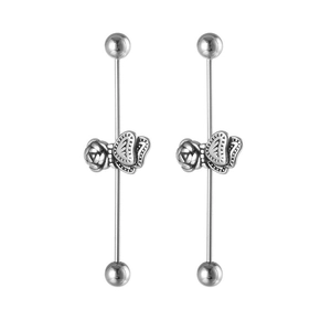 Gothic stainless steel industrial barbell earrings with vintage rose and butterfly wing