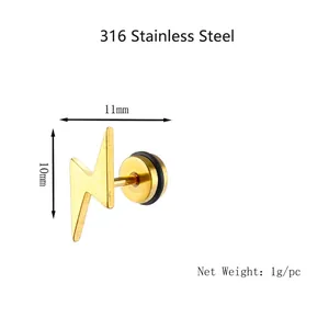 Orecchini a perno a forma di fulmine in acciaio inossidabile 316 oro, 11mm per 10mm