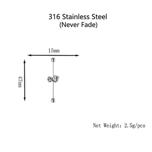 316L stainless steel industrial barbell earring featuring butterfly motif, 47mm length